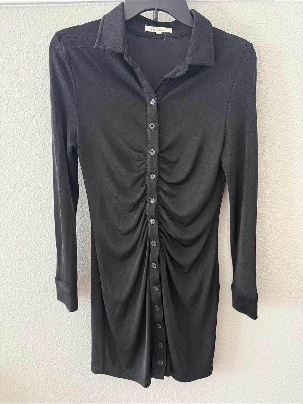 Long Sleeve Black Ruched Button-Front Mini Dress